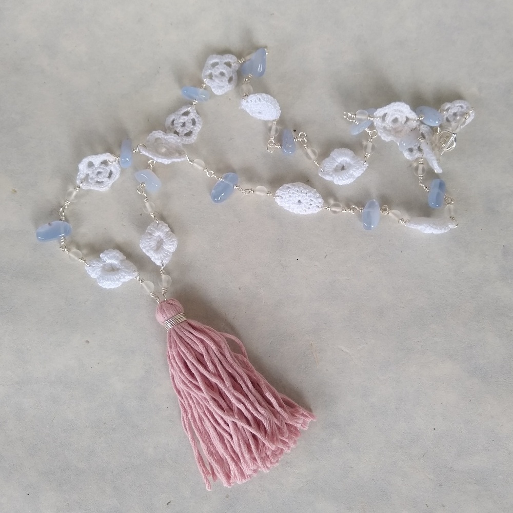 Blue Lace Agate and Clear Quartz Pendant Necklace